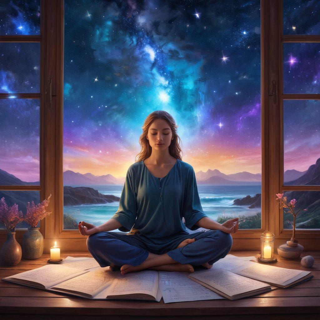 A serene person meditating under a starry sky, surrounded by astrological symbols like zodiac signs and constellations glowing softly. An open journal with a quill rests nearby, illuminated by a gentle light, showcasing spiritual practices and predictions. Ethereal elements like gentle waves of energy and vibrant auras flow around, enhancing the atmosphere of transformation. mystical, vibrant colors, super-realistic.
