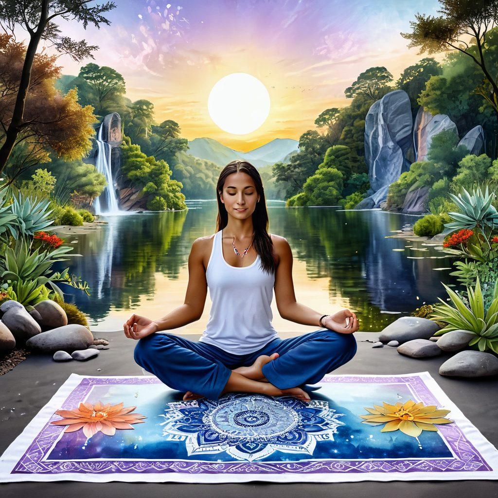 A serene, sunlit atmosphere featuring an open space with a yoga mat, crystals, and a mandala, surrounded by lush greenery representing peace. In the background, a tranquil river flows with soft reflections of astrological symbols above, symbolizing harmony between nature and spirituality. Include an image of a person practicing meditation while holding healing herbs. watercolor painting. tranquil colors. harmonious composition.